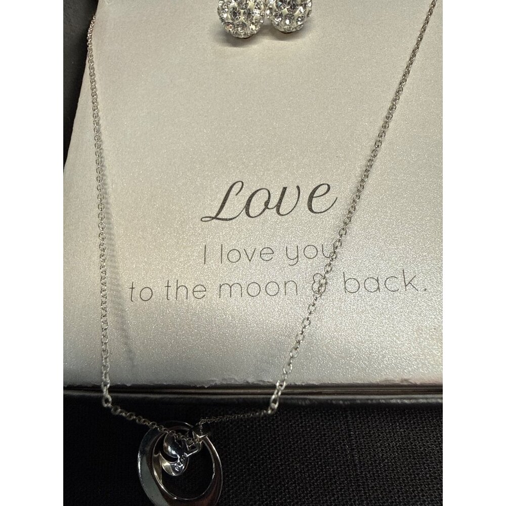 Sterling Silver Necklace & Earrings Set Engraved "I Love You To The Moon & Back - Picture 4 of 12